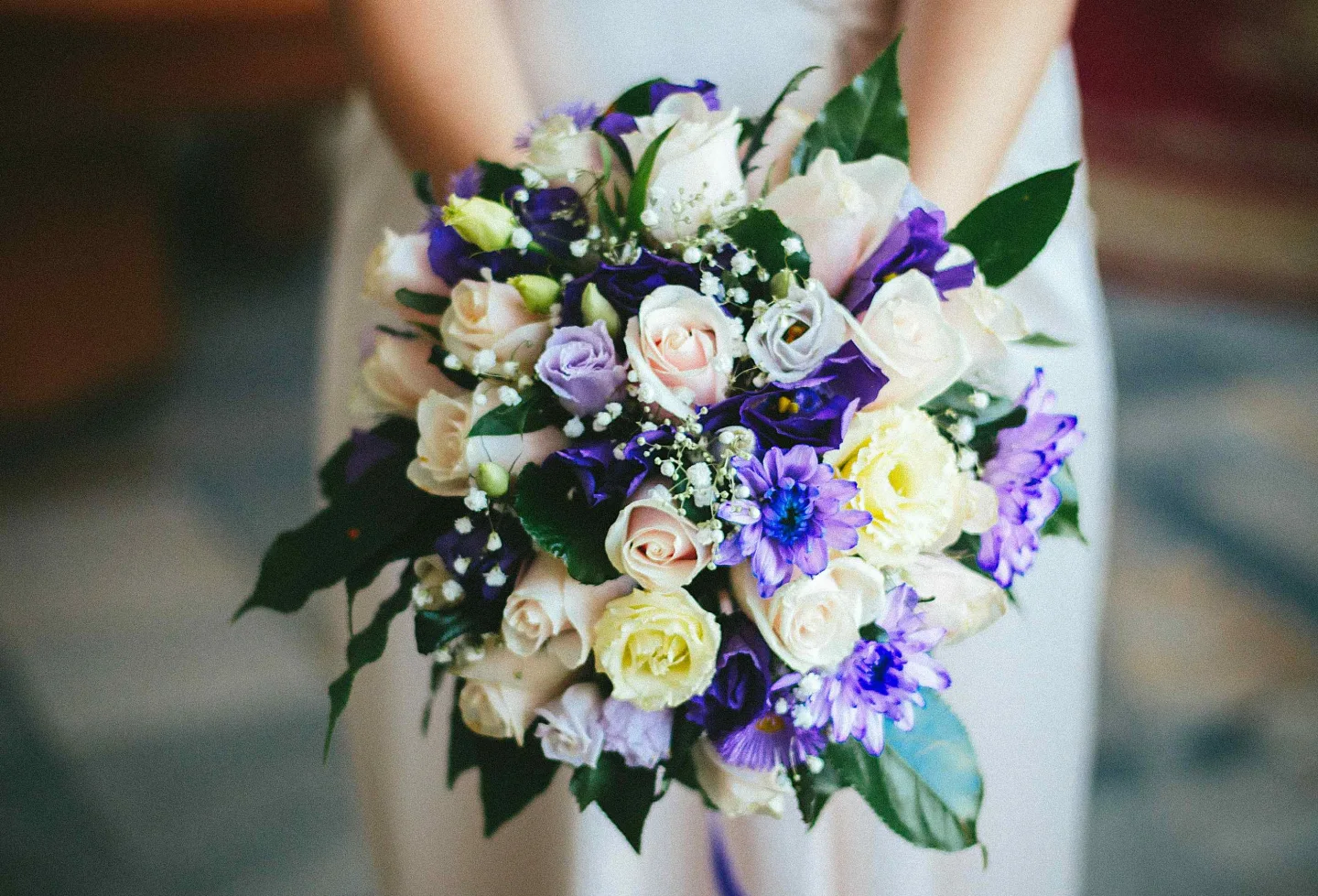 Close view of a colorful bridal bouquet